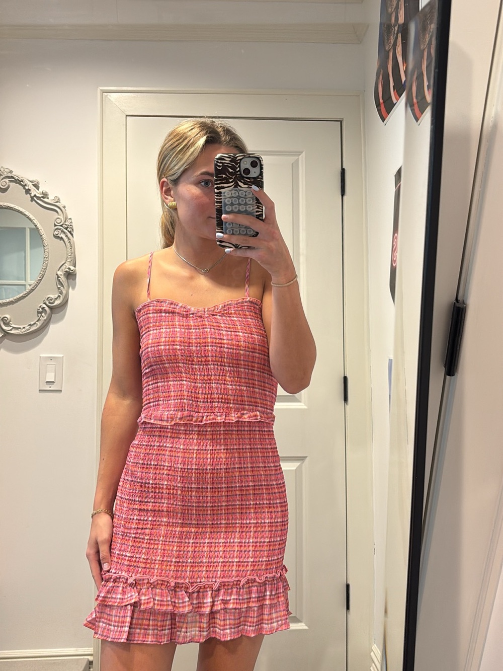 Aqua Pink Plaid Smocked Mini Dress with Ruffle Trim